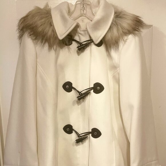 NWOT CALVIN KLEIN White Brown DUFFLE COAT TOGGLE ZIP Removeable FUR HOOD XL! - Picture 1 of 8